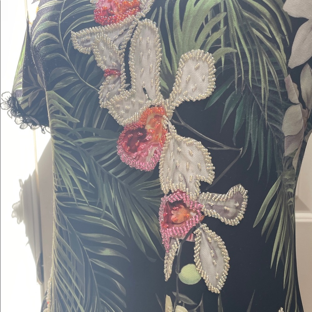 Tropical Floral Embroidered Shift Dress - Black with Green & Pink - Picture 8 of 15